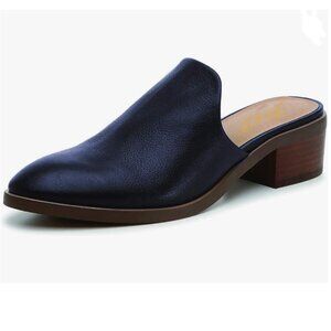 FOWT Dark Blue Round Toe Mules Retro Loafer Low Chunky  Thick Heel Slide Slipper